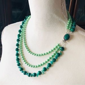 Handcrafted malachite Czech glass beaded genuine emerald clasp necklace